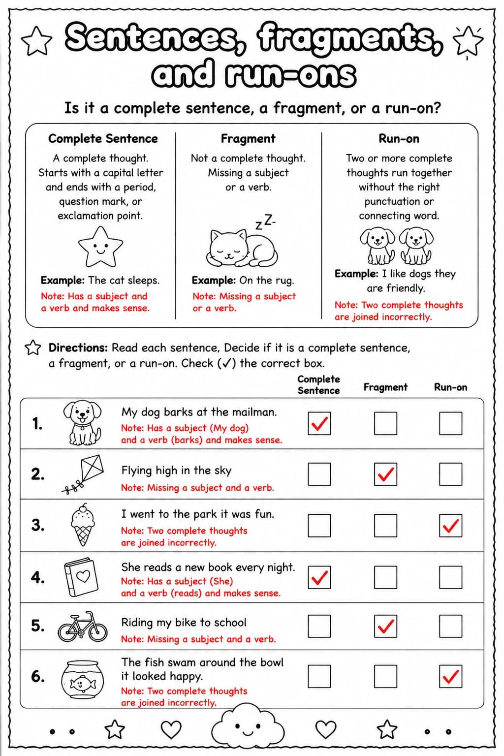 Answer key for Is it a complete sentence, a fragment, or a run-on? — free printable English & Reading worksheet