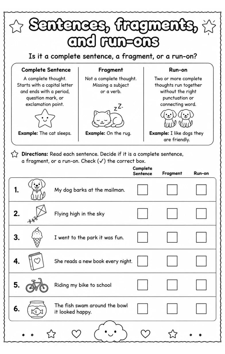 Is it a complete sentence, a fragment, or a run-on? — free printable Grammar and mechanics English worksheet