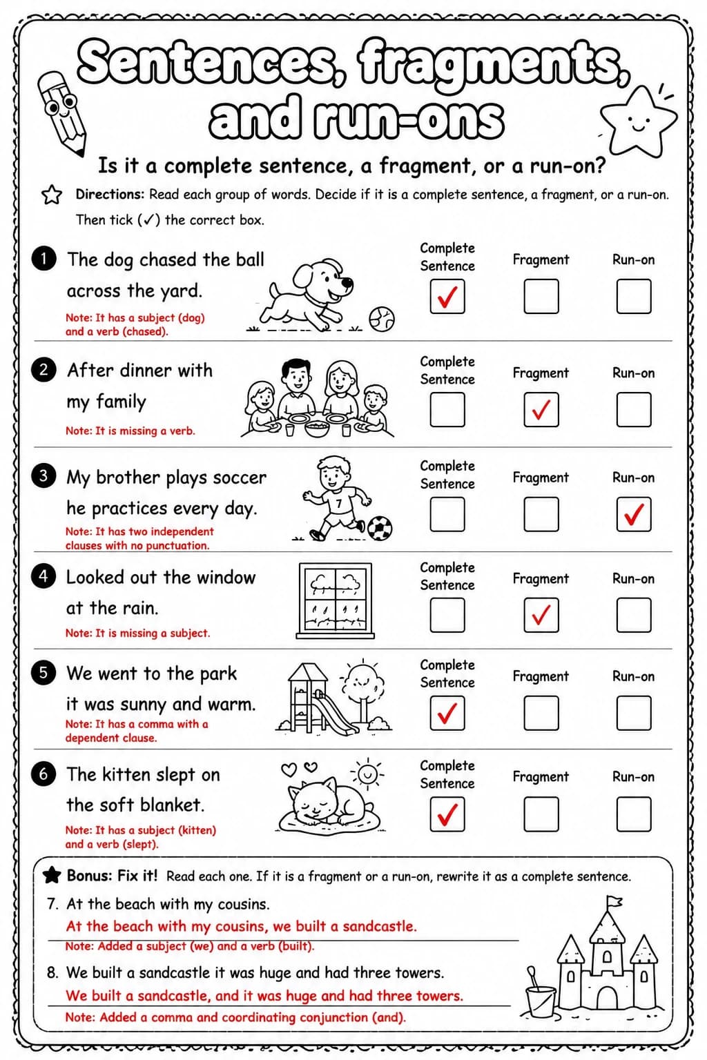 Answer key for Is it a complete sentence, a fragment, or a run-on? — free printable English & Reading worksheet