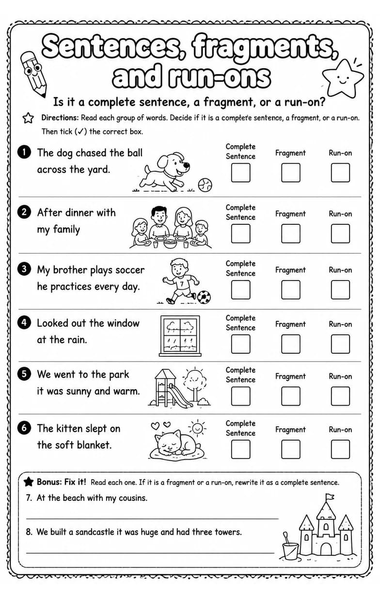 Is it a complete sentence, a fragment, or a run-on? — free printable Grade 3 English & Reading worksheet