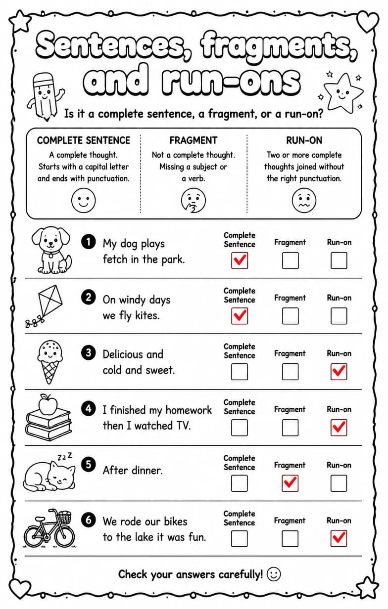 Answer key for Is it a complete sentence, a fragment, or a run-on? — free printable English & Reading worksheet