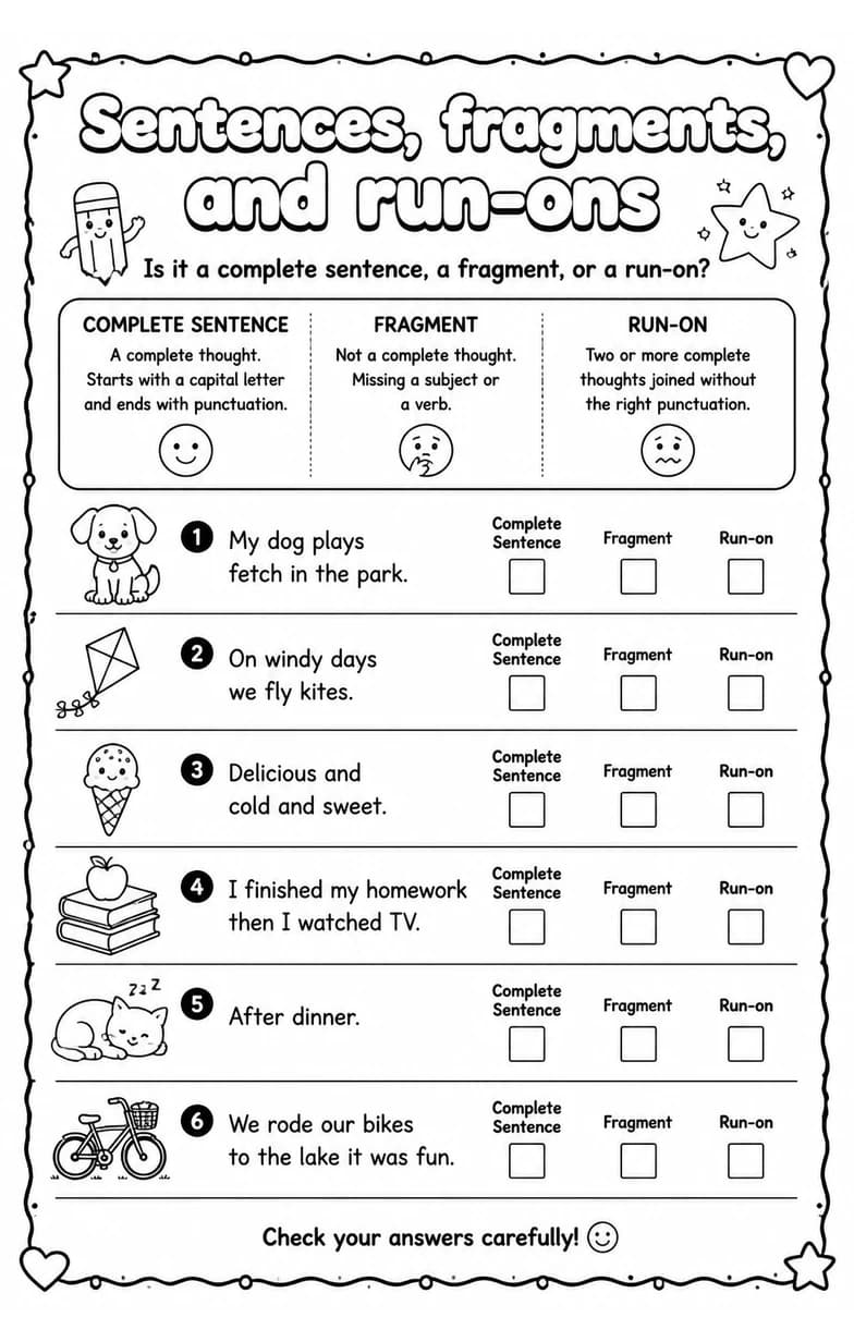 Is it a complete sentence, a fragment, or a run-on? — free printable Grammar and mechanics English worksheet