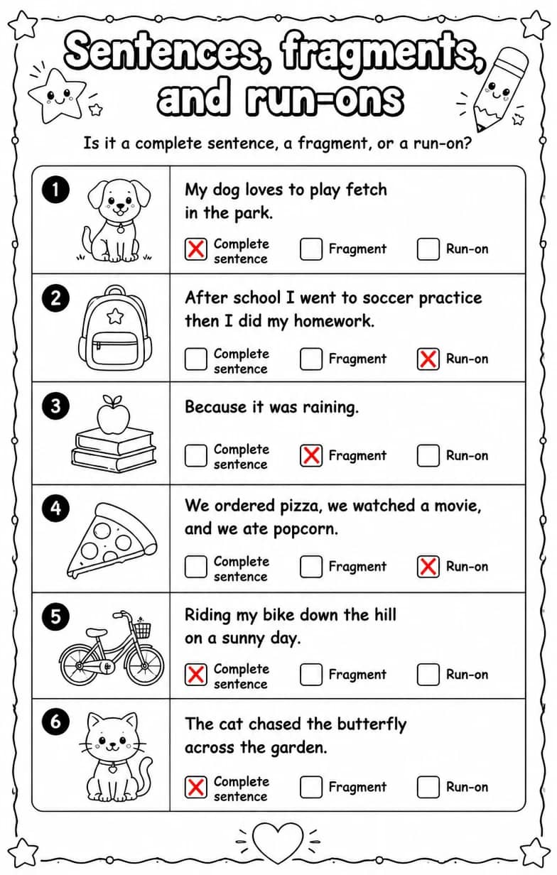 Answer key for Is it a complete sentence, a fragment, or a run-on? — free printable English & Reading worksheet