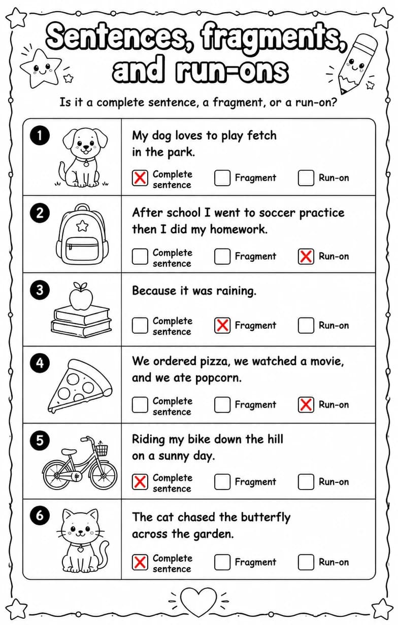 Answer key for Is it a complete sentence, a fragment, or a run-on? — free printable English & Reading worksheet