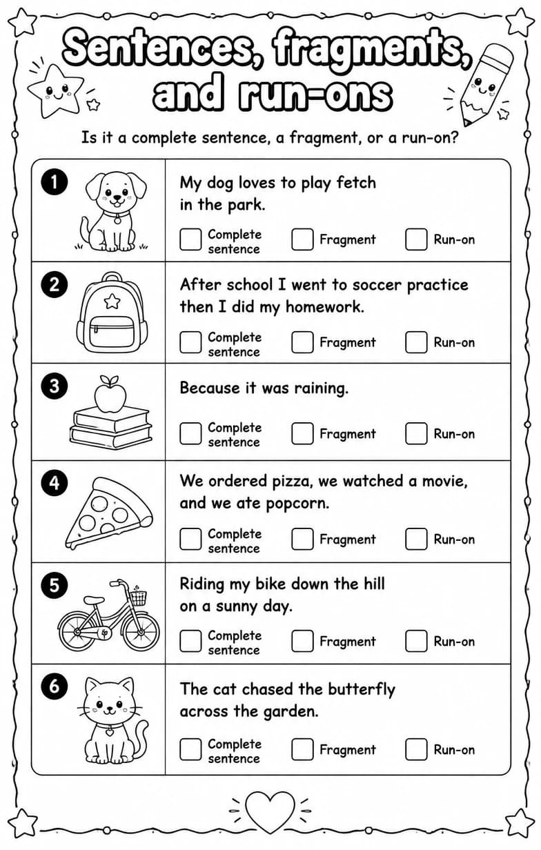 Is it a complete sentence, a fragment, or a run-on? — free printable Grammar and mechanics English worksheet