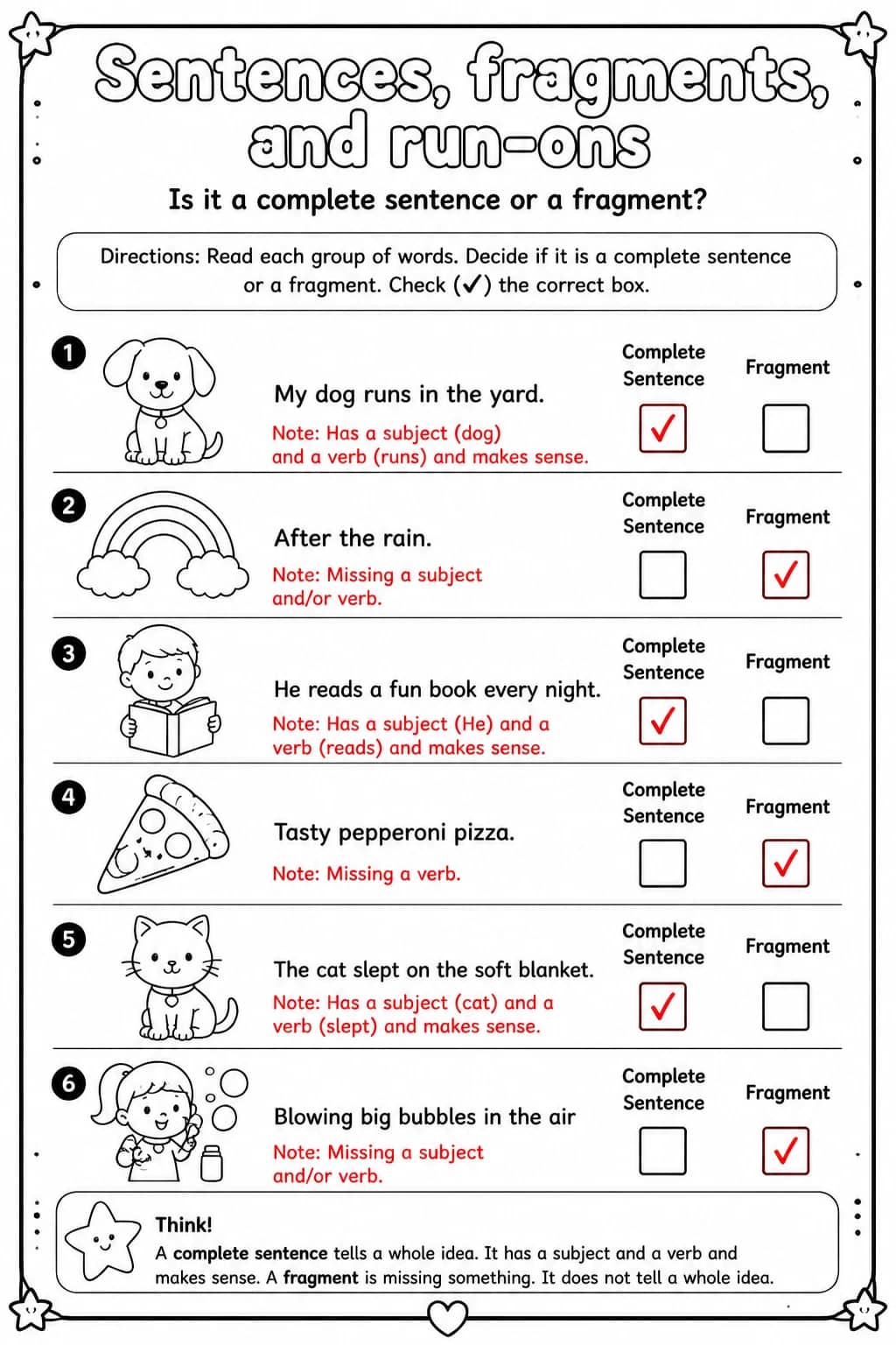 Answer key for Is it a complete sentence or a fragment? — free printable English & Reading worksheet