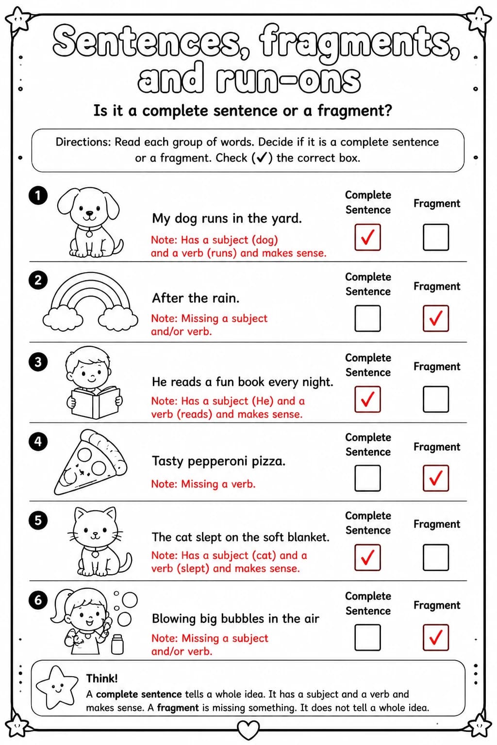 Answer key for Is it a complete sentence or a fragment? — free printable English & Reading worksheet