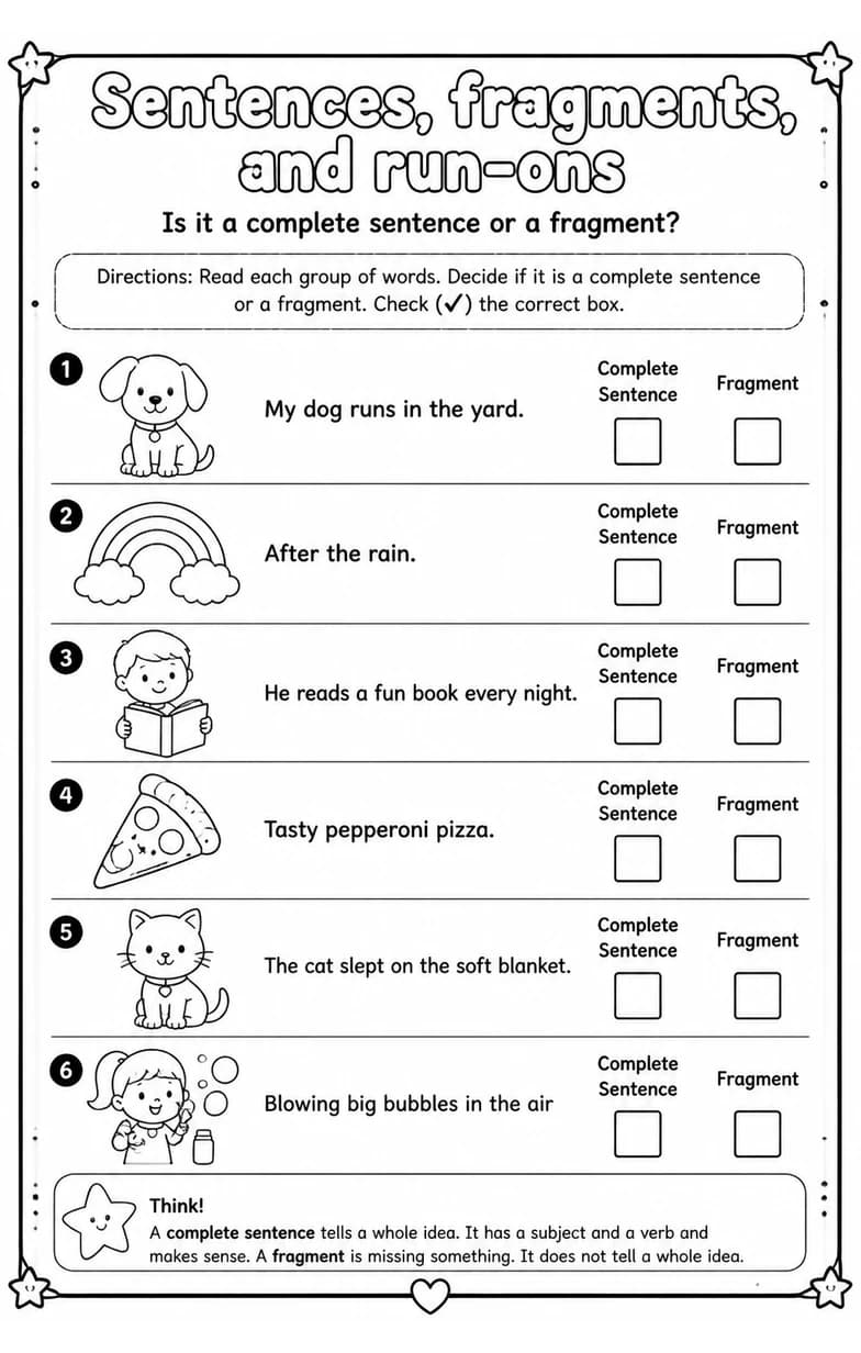 Is it a complete sentence or a fragment? — free printable Grade 2 English & Reading worksheet