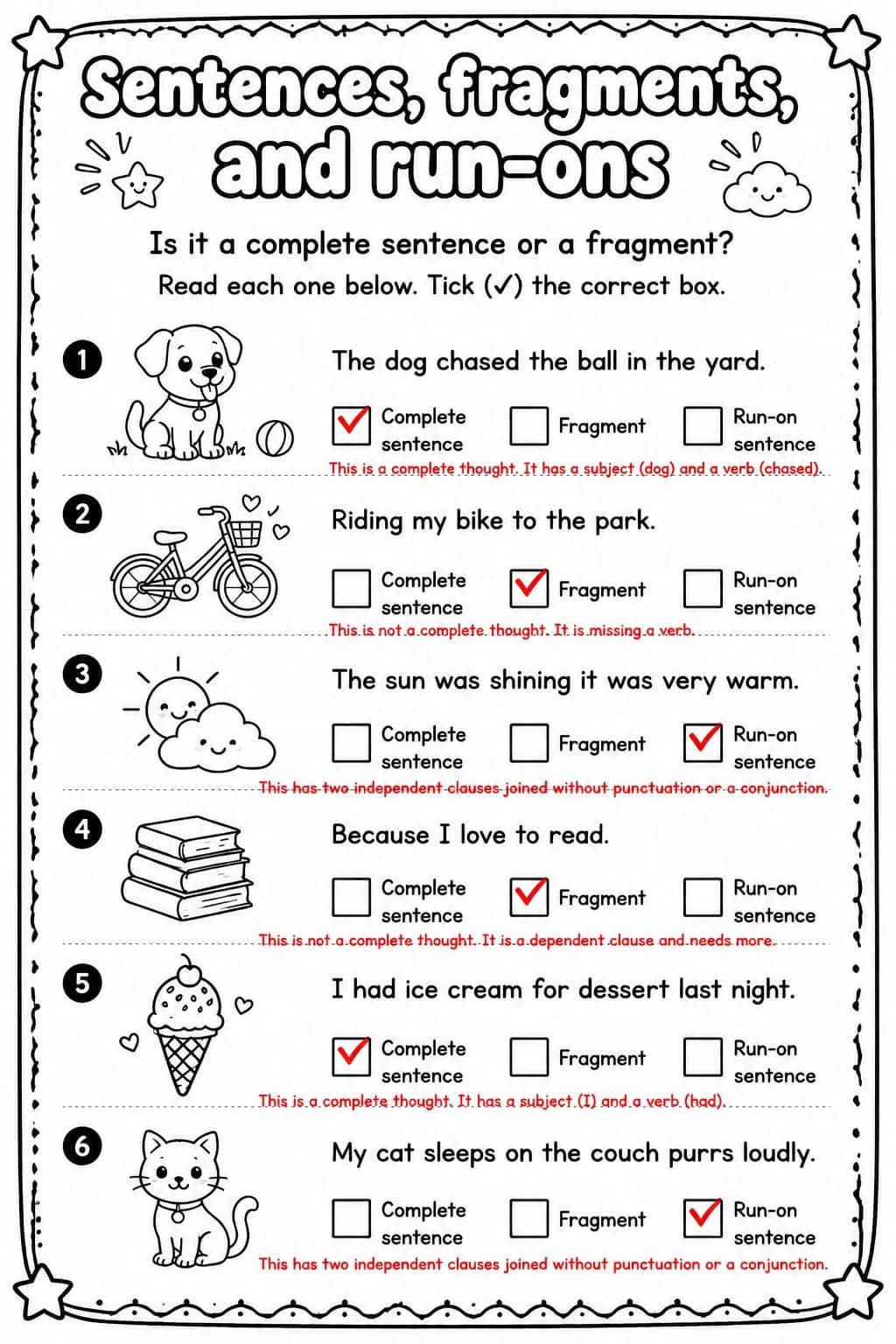 Answer key for Is it a complete sentence or a fragment? — free printable English & Reading worksheet