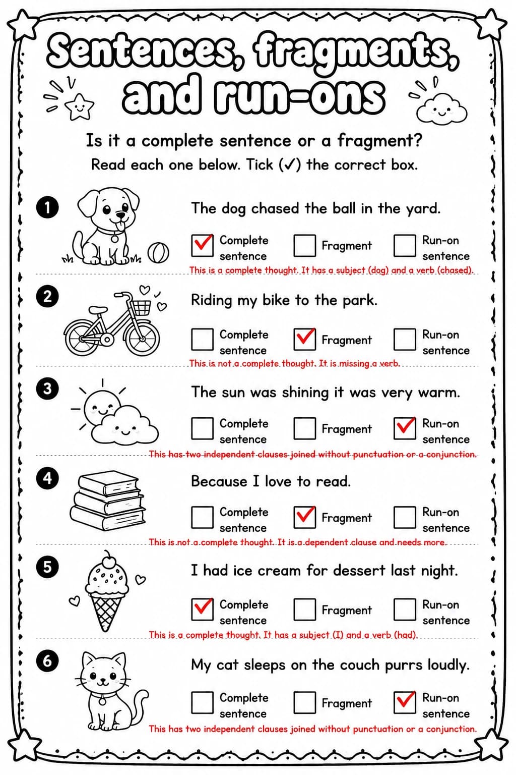 Answer key for Is it a complete sentence or a fragment? — free printable English & Reading worksheet