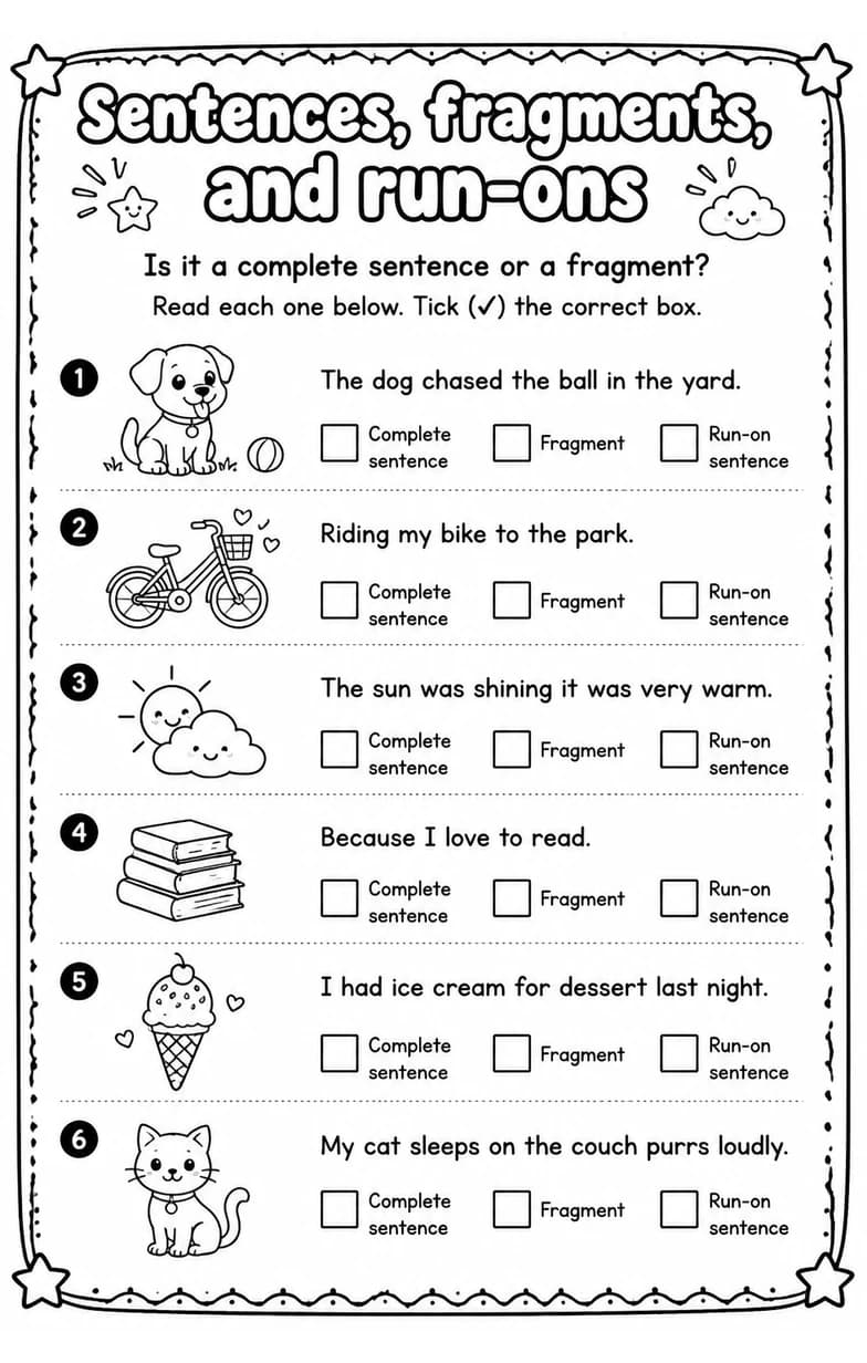 Is it a complete sentence or a fragment? — free printable Grade 3 English & Reading worksheet
