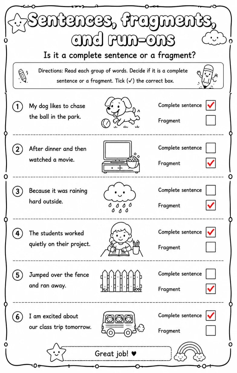 Answer key for Is it a complete sentence or a fragment? — free printable English & Reading worksheet