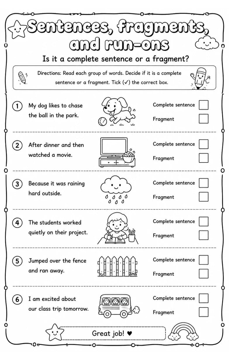 Is it a complete sentence or a fragment? — free printable Grade 4 English & Reading worksheet