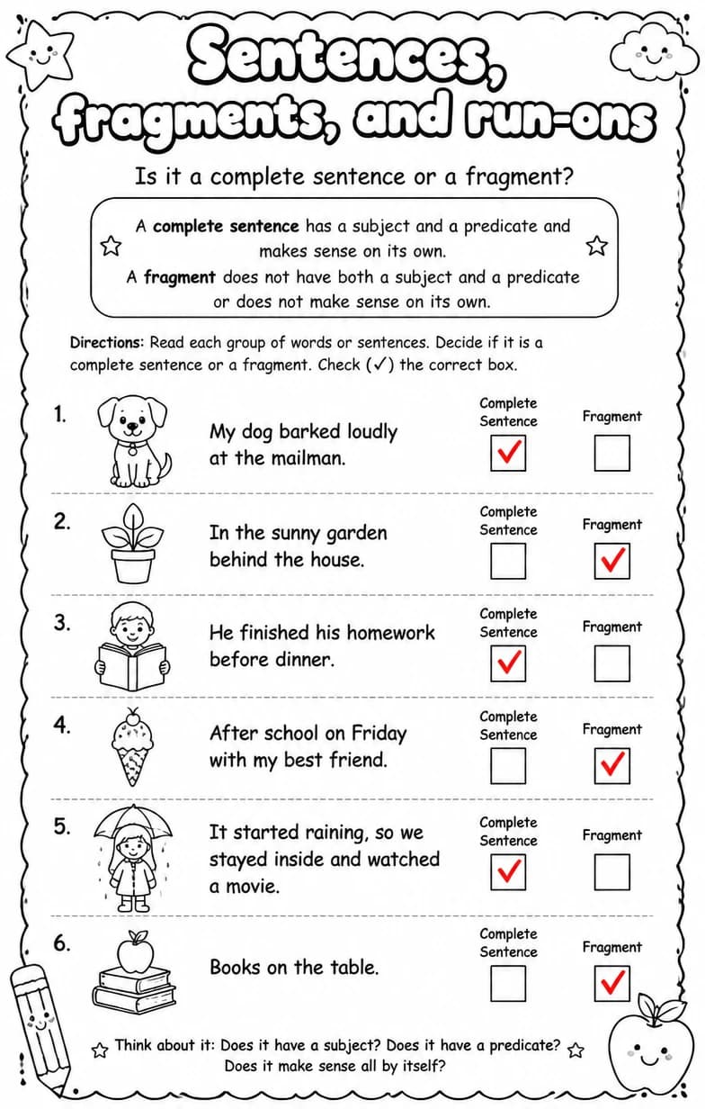 Answer key for Is it a complete sentence or a fragment? — free printable English & Reading worksheet