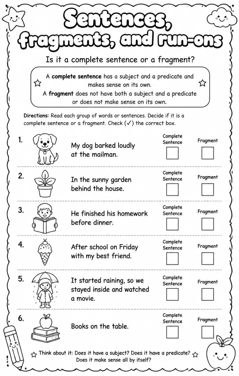 Is it a complete sentence or a fragment? — free printable Grammar and mechanics English worksheet