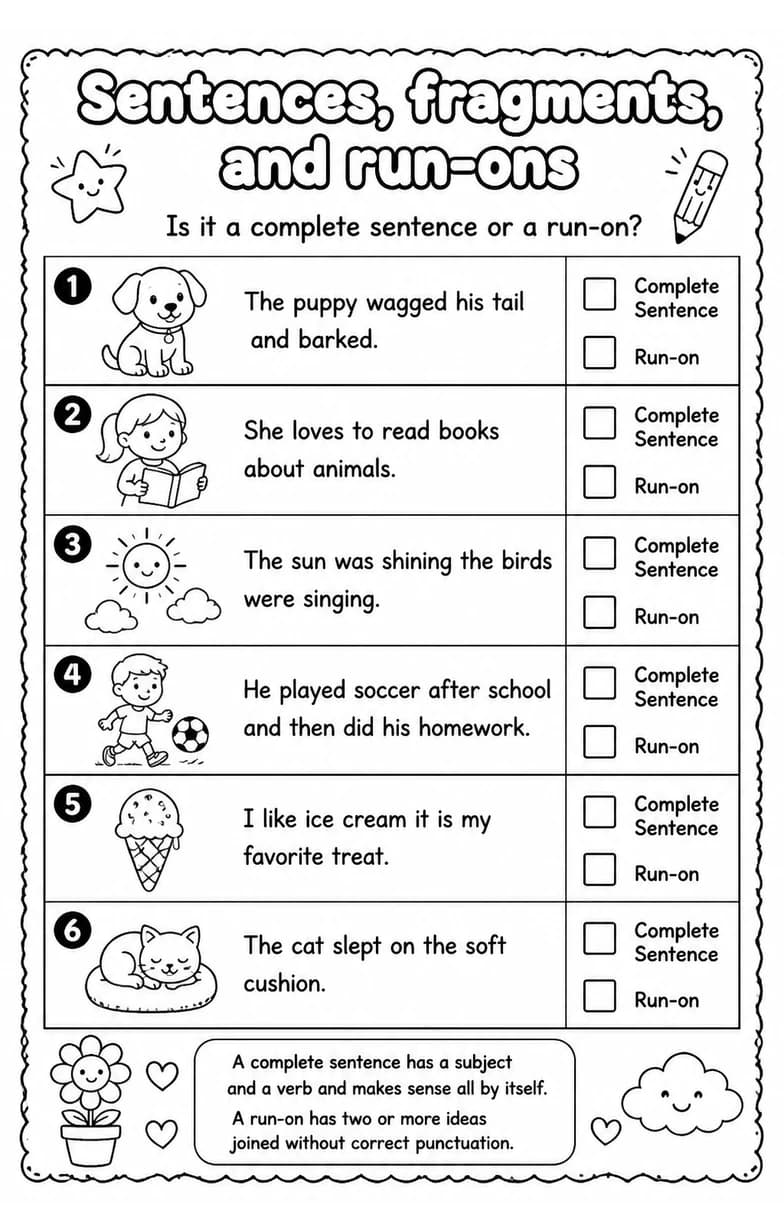 Is it a complete sentence or a run-on? — free printable Grammar and mechanics English worksheet