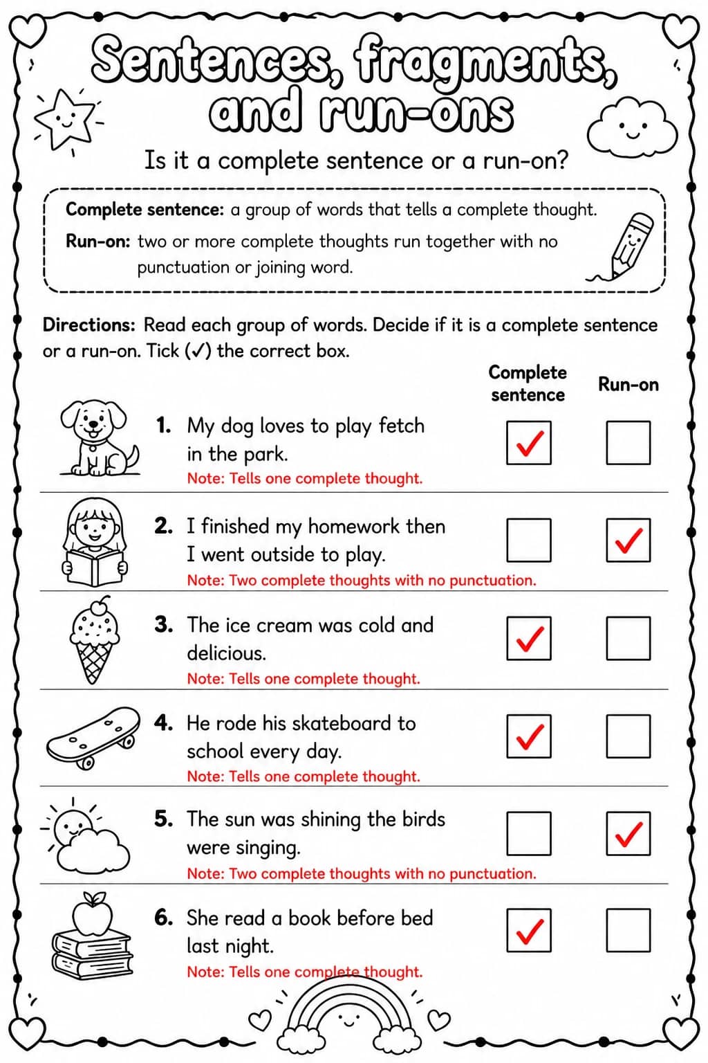 Answer key for Is it a complete sentence or a run-on? — free printable English & Reading worksheet