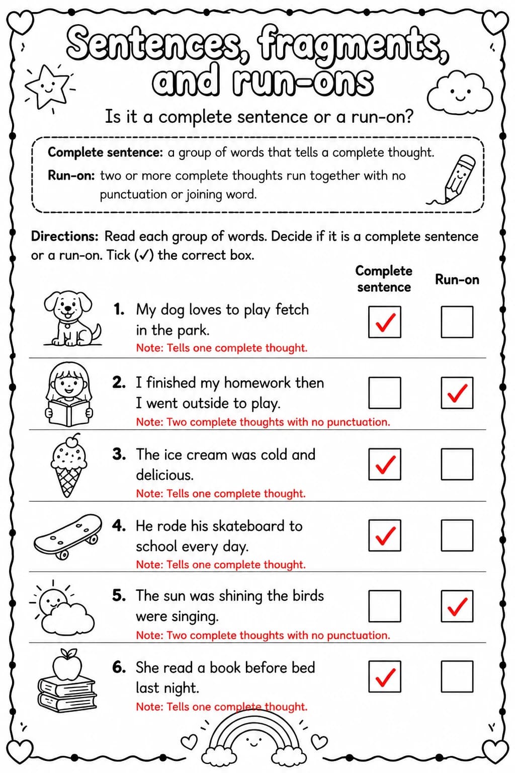 Answer key for Is it a complete sentence or a run-on? — free printable English & Reading worksheet