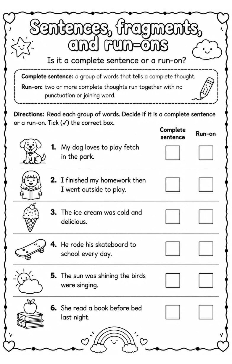 Is it a complete sentence or a run-on? — free printable Grammar and mechanics English worksheet