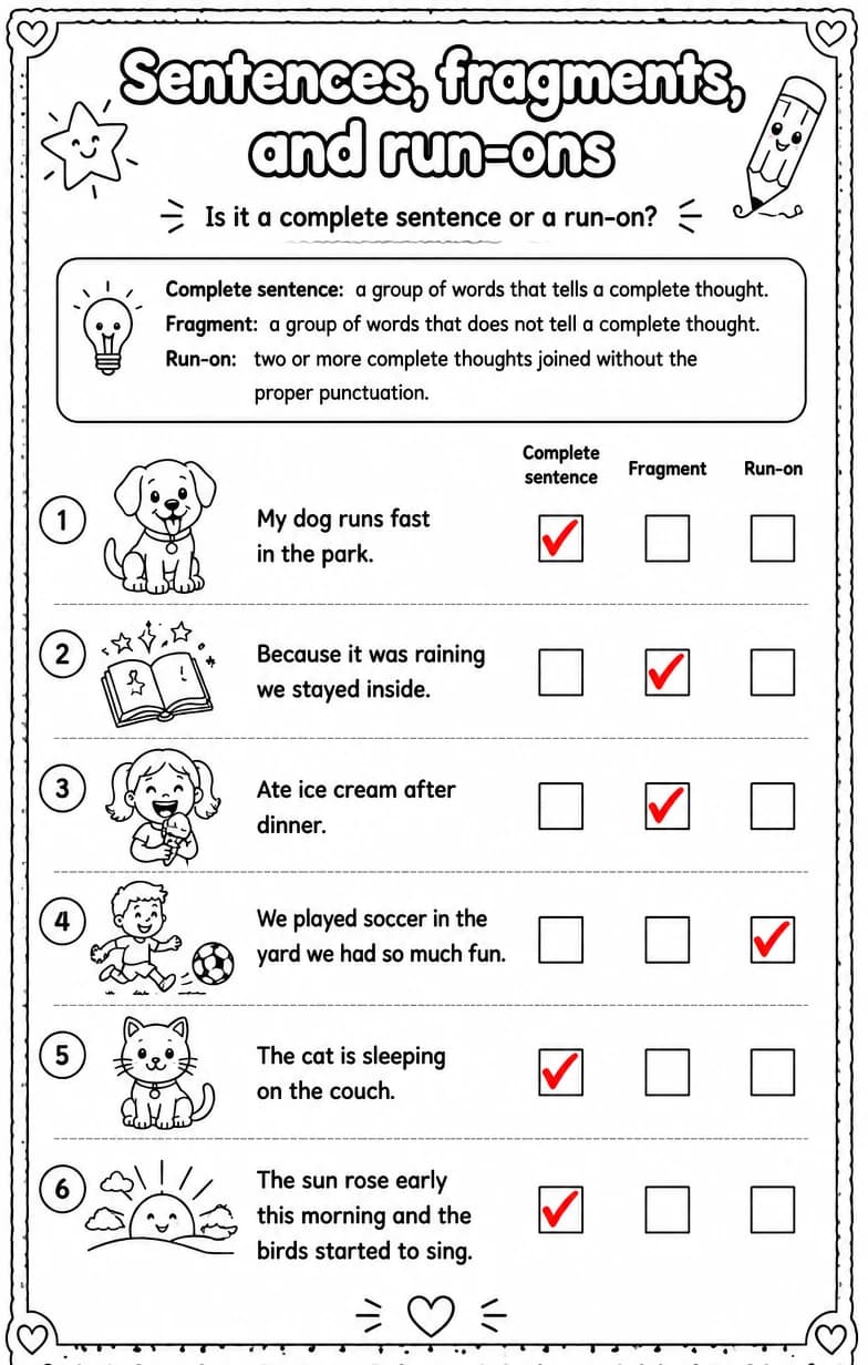 Answer key for Is it a complete sentence or a run-on? — free printable English & Reading worksheet