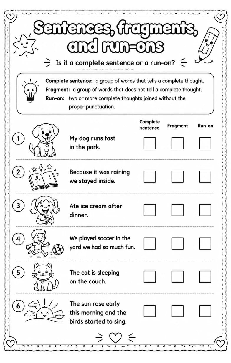 Is it a complete sentence or a run-on? — free printable Grammar and mechanics English worksheet