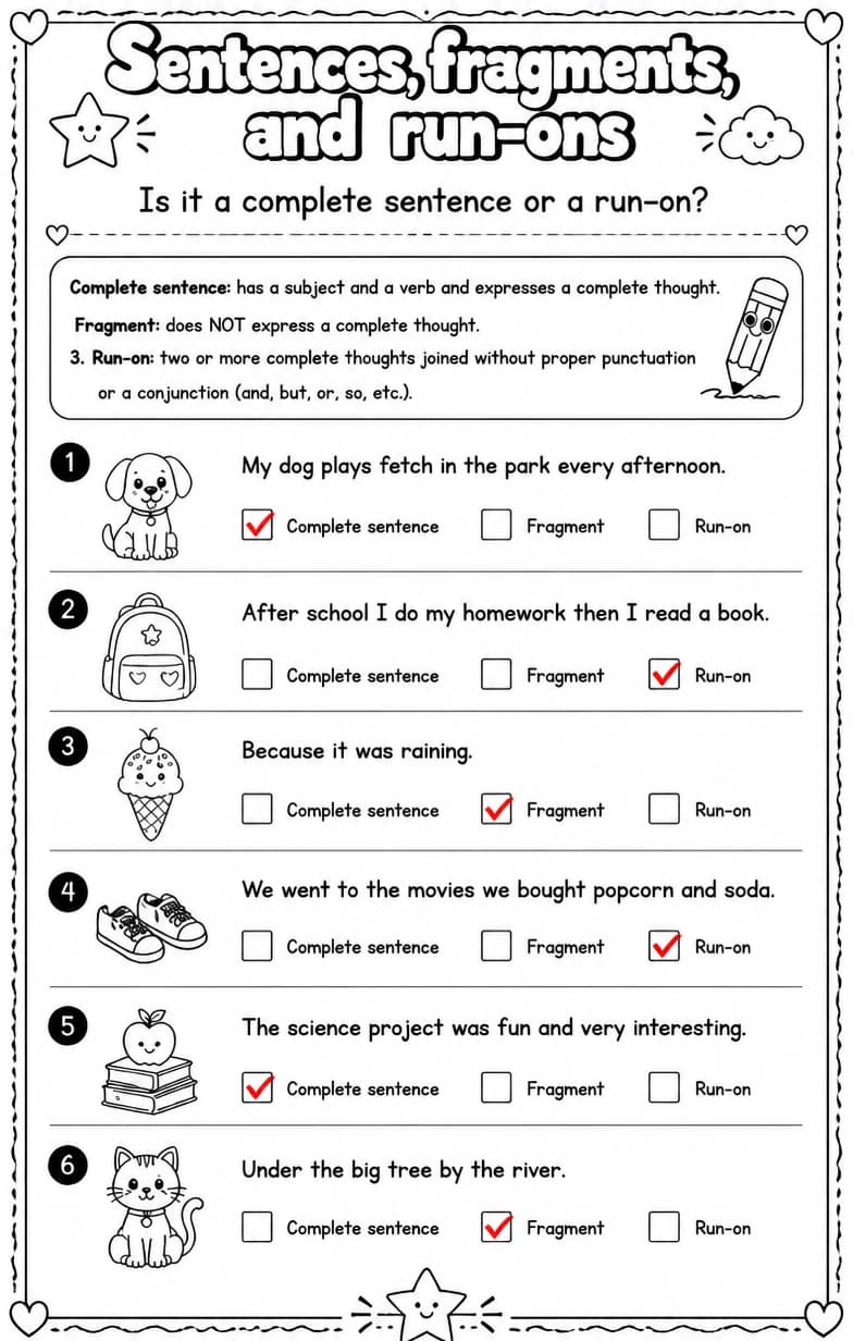 Answer key for Is it a complete sentence or a run-on? — free printable English & Reading worksheet