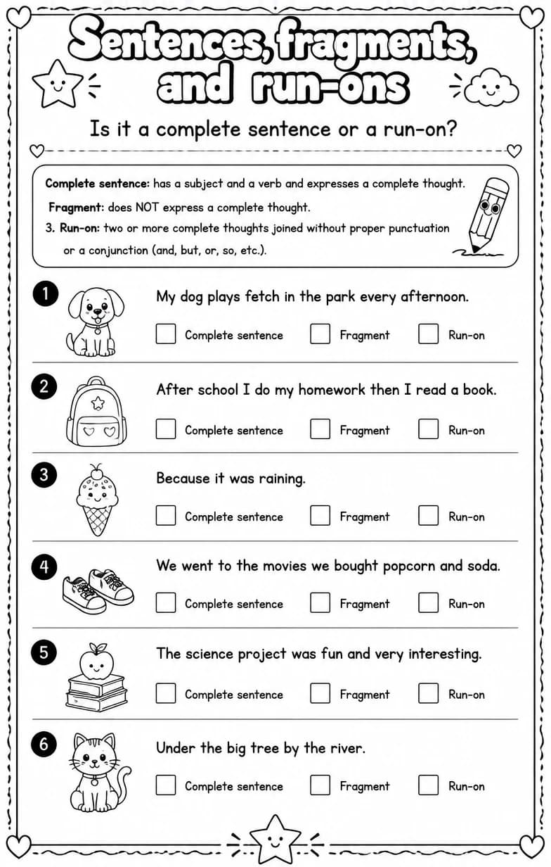 Is it a complete sentence or a run-on? — free printable Grammar and mechanics English worksheet
