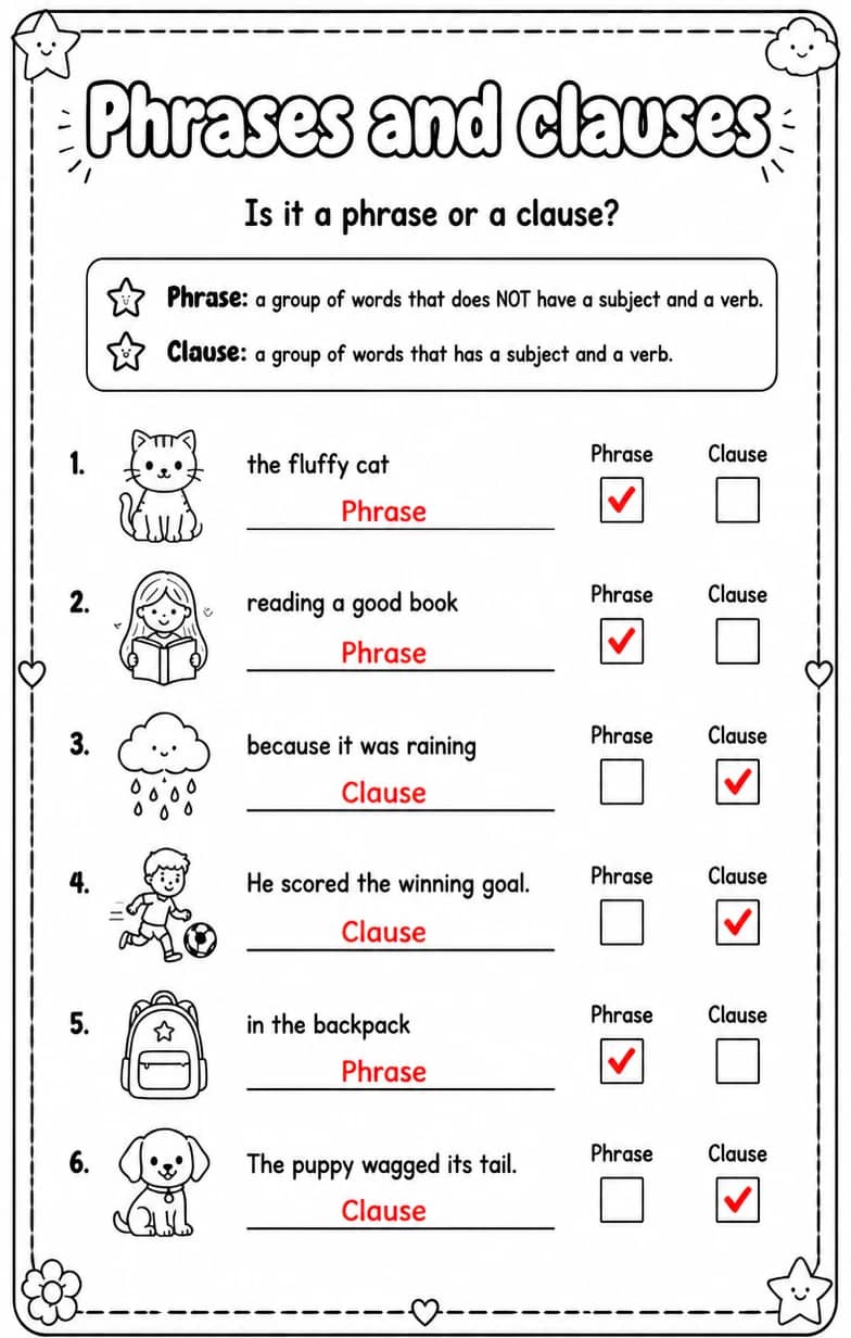Answer key for Is it a phrase or a clause? — free printable English & Reading worksheet