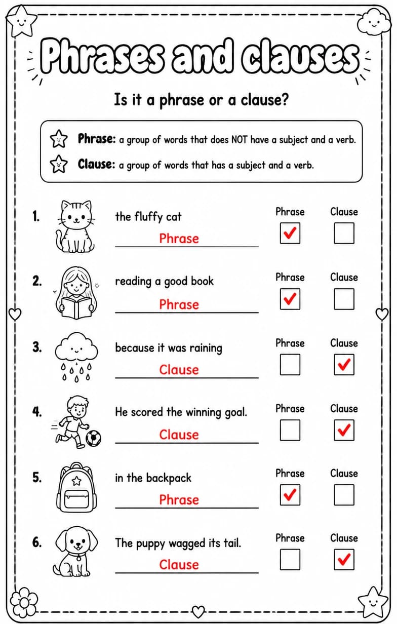 Answer key for Is it a phrase or a clause? — free printable English & Reading worksheet
