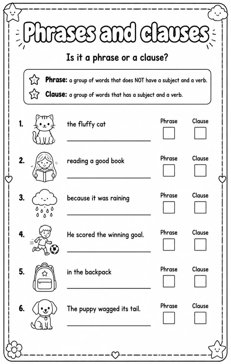 Is it a phrase or a clause? — free printable Grammar and mechanics English worksheet