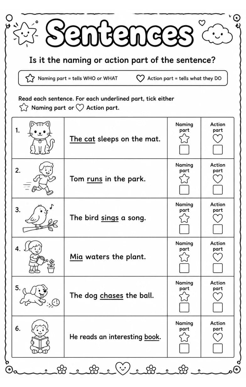 Is it the naming or action part of the sentence? — free printable Grade 1 English & Reading worksheet