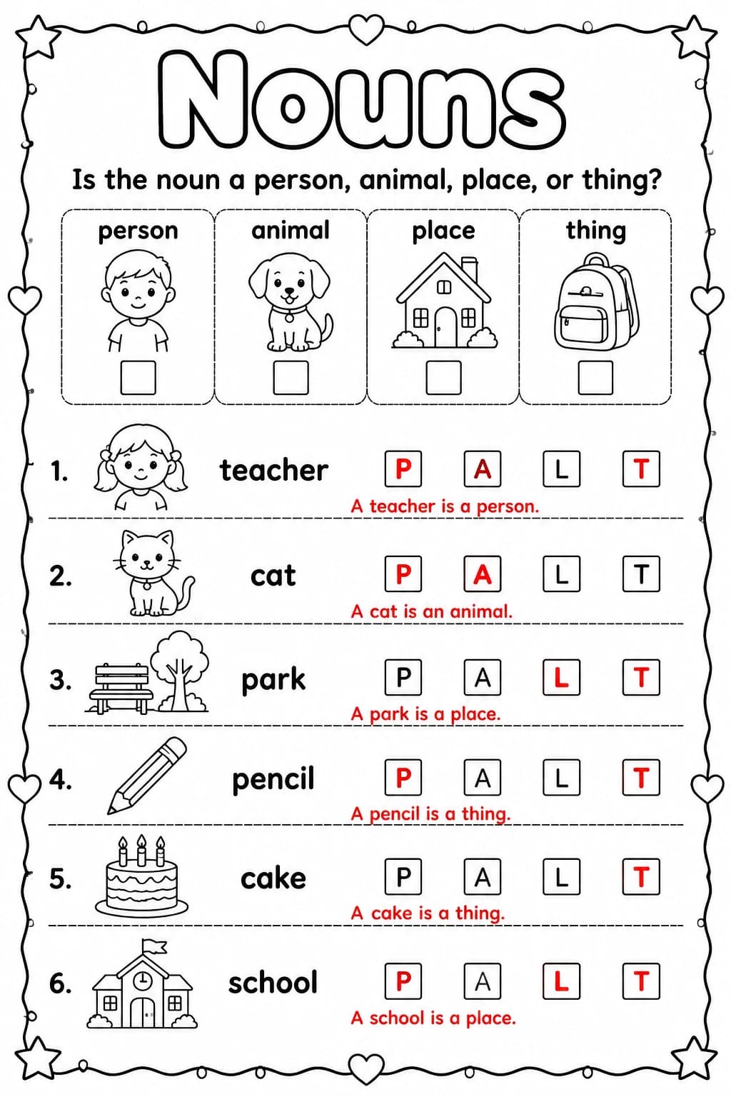 Answer key for Is the noun a person, animal, place, or thing? — free printable English & Reading worksheet