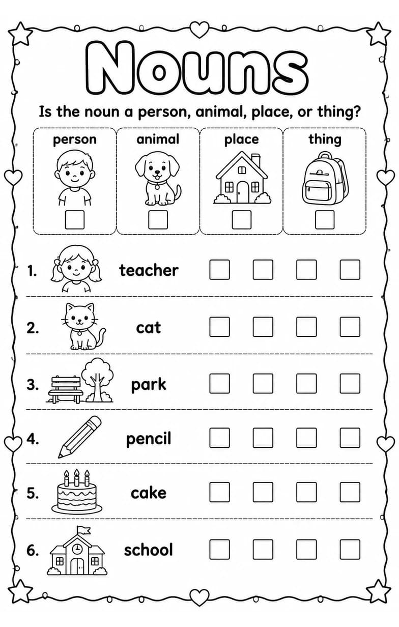 Is the noun a person, animal, place, or thing? — free printable Grammar and mechanics English worksheet