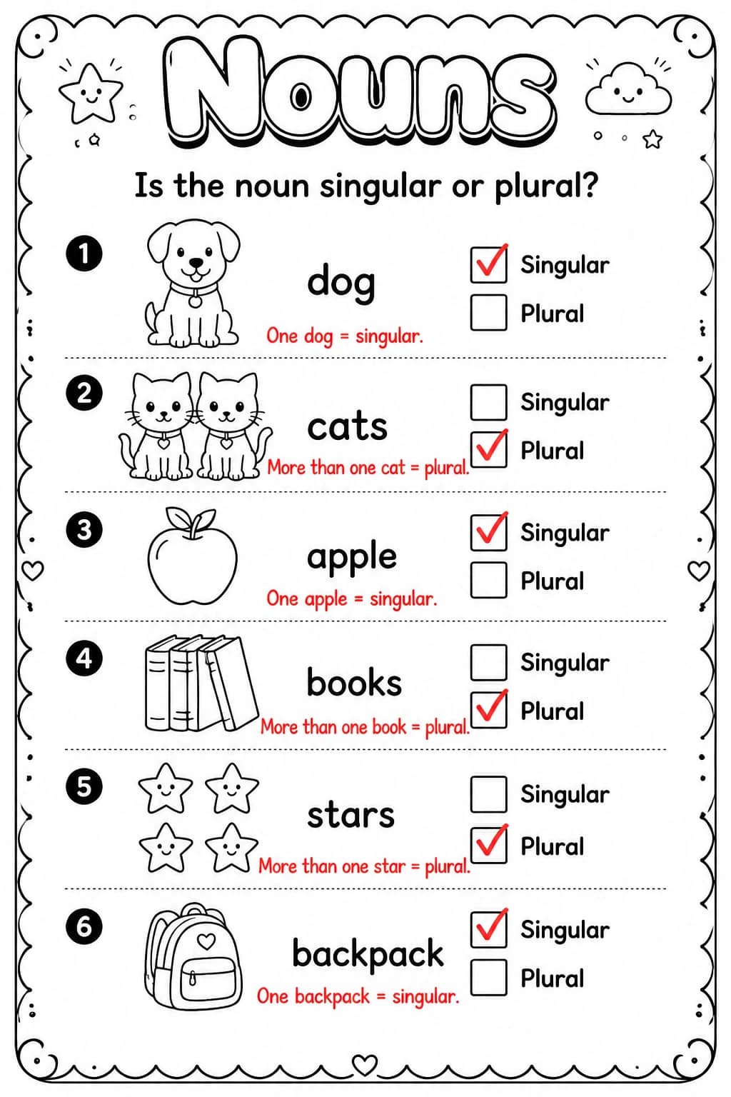 Answer key for Is the noun singular or plural? — free printable English & Reading worksheet