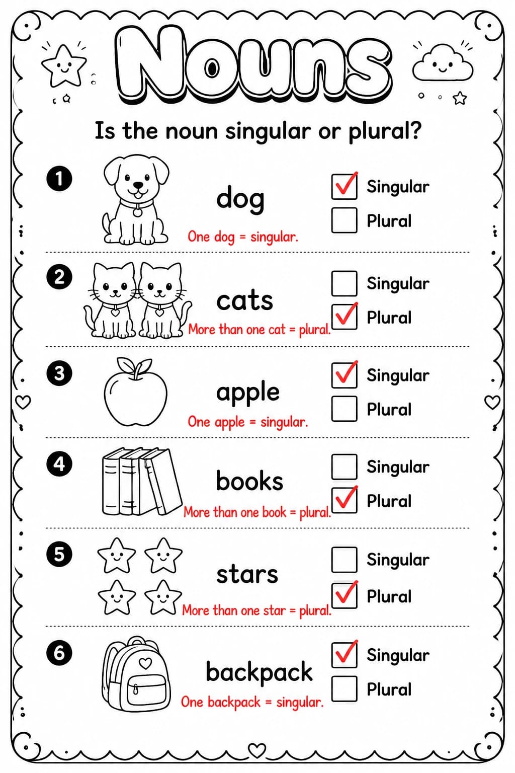Answer key for Is the noun singular or plural? — free printable English & Reading worksheet