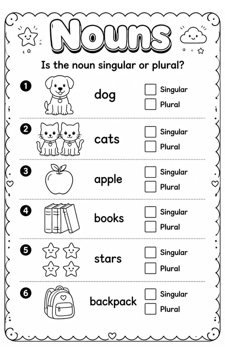 Is the noun singular or plural? — free printable Grade 2 English & Reading worksheet