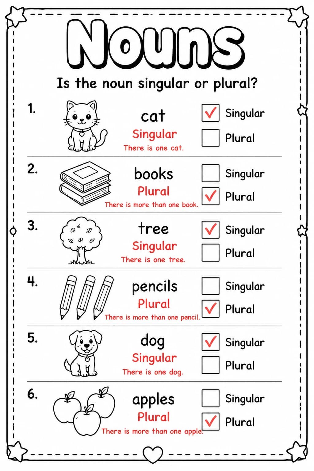 Answer key for Is the noun singular or plural? — free printable English & Reading worksheet