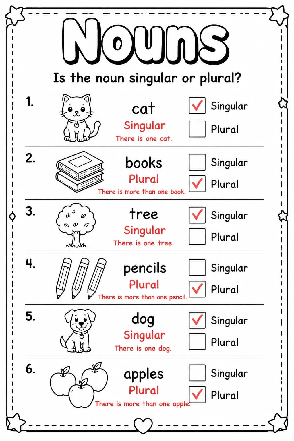 Answer key for Is the noun singular or plural? — free printable English & Reading worksheet