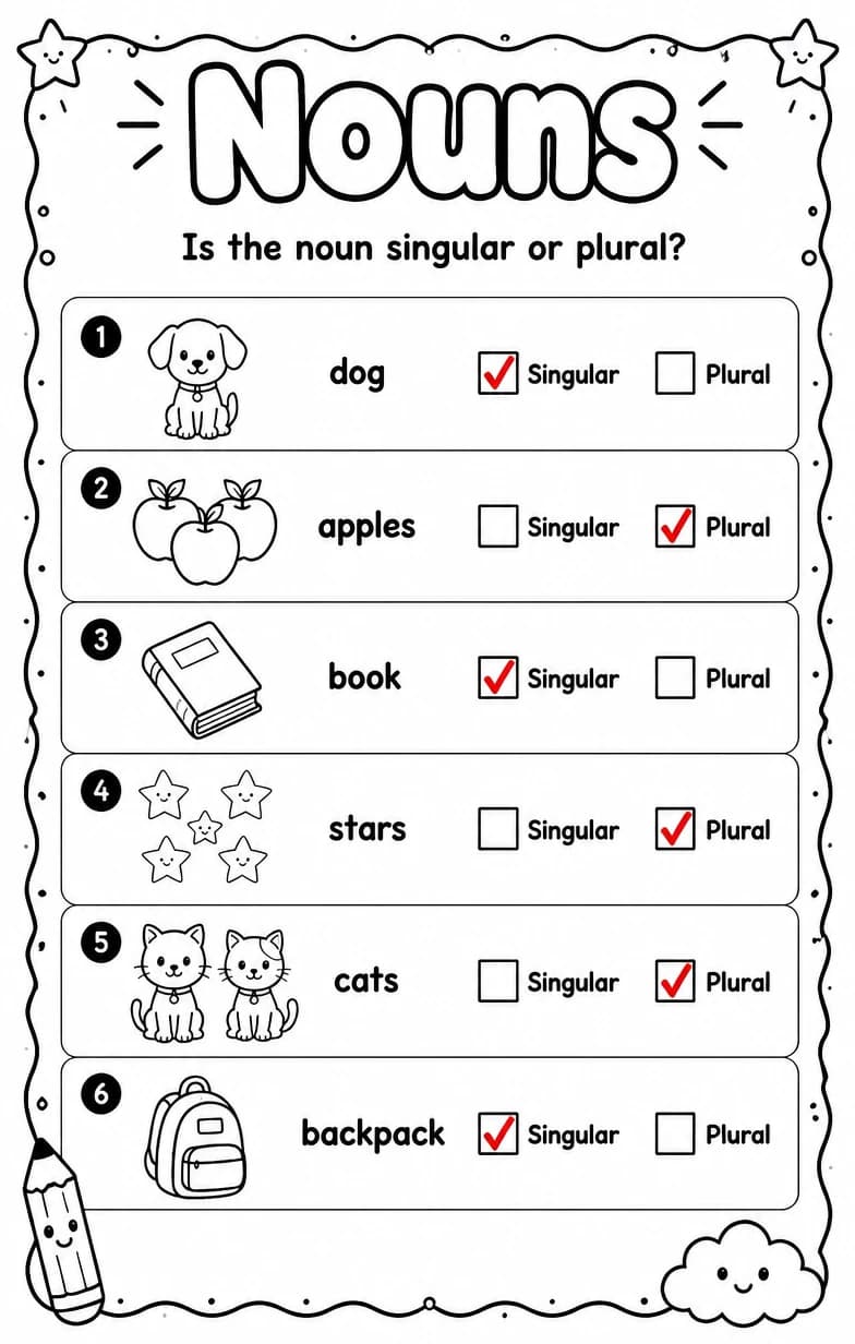 Answer key for Is the noun singular or plural? — free printable English & Reading worksheet