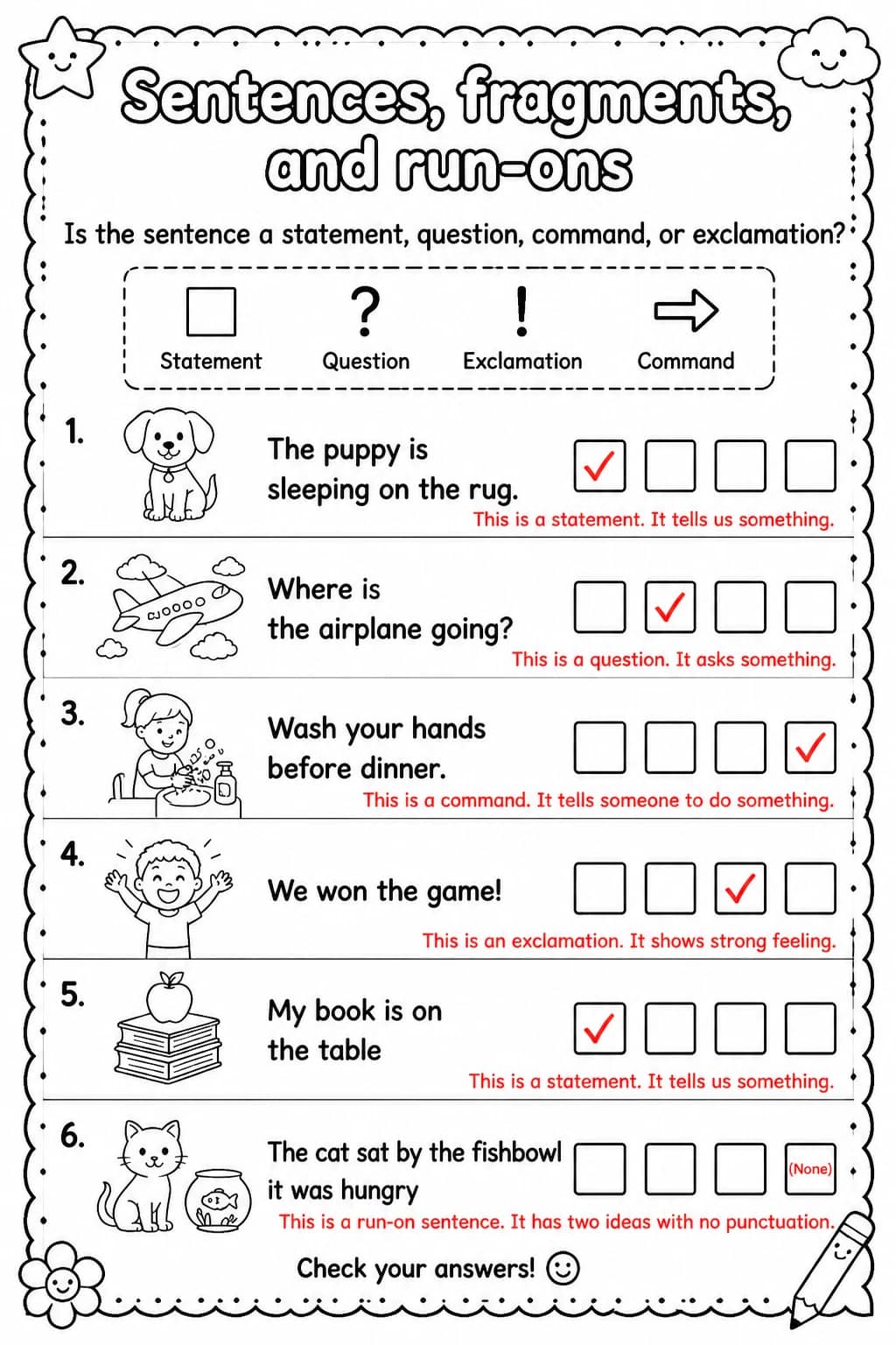Answer key for Is the sentence a statement, question, command, or exclamation? — free printable English & Reading worksheet