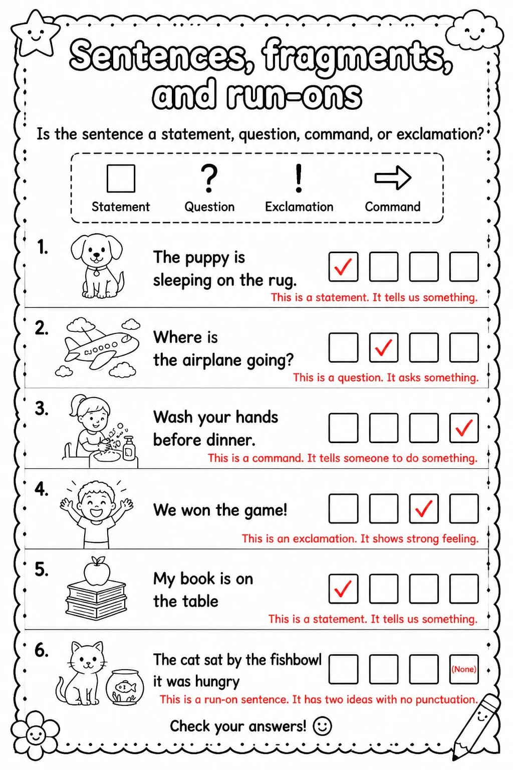 Answer key for Is the sentence a statement, question, command, or exclamation? — free printable English & Reading worksheet