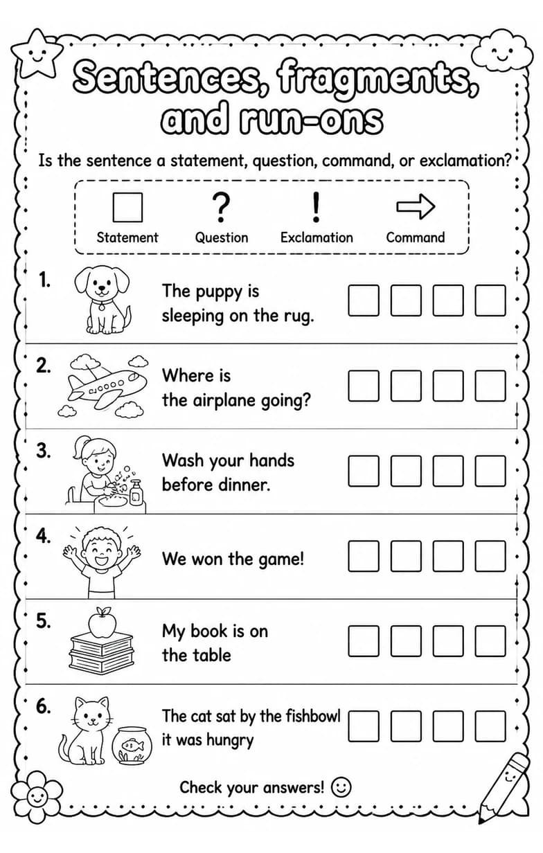 Is the sentence a statement, question, command, or exclamation? — free printable Grade 2 English & Reading worksheet