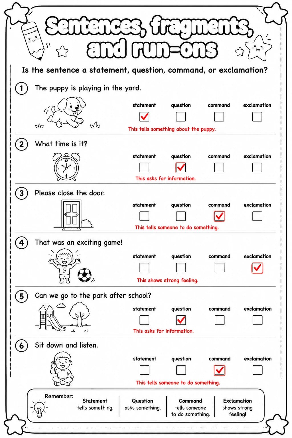 Answer key for Is the sentence a statement, question, command, or exclamation? — free printable English & Reading worksheet