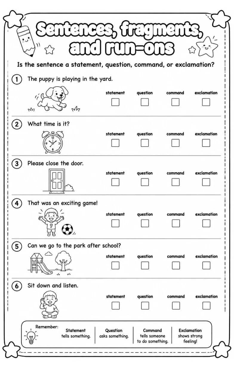 Is the sentence a statement, question, command, or exclamation? — free printable Grammar and mechanics English worksheet