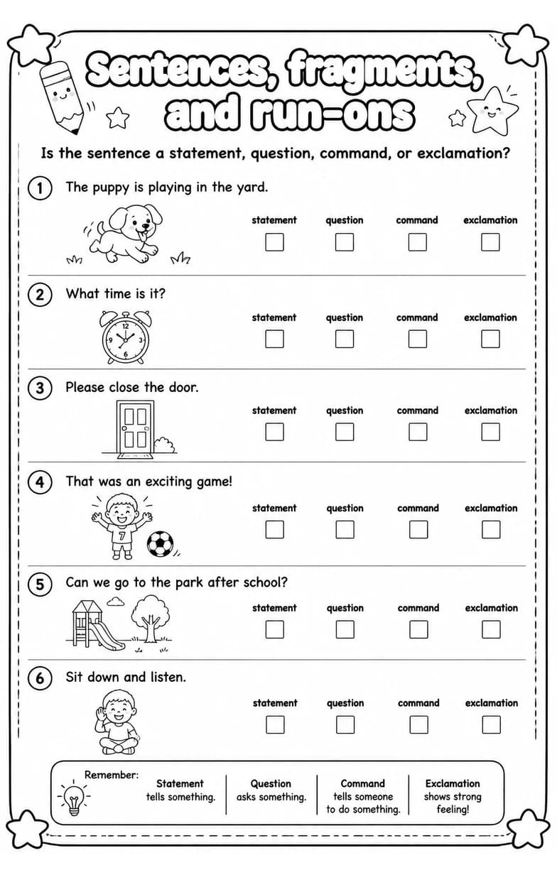 Is the sentence a statement, question, command, or exclamation? — free printable Grade 3 English & Reading worksheet