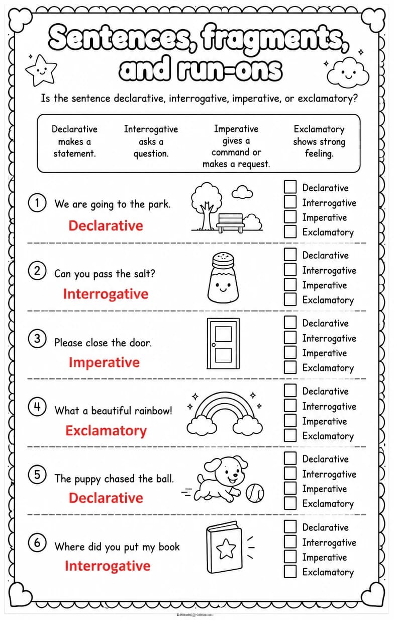 Answer key for Is the sentence declarative, interrogative, imperative, or exclamatory? — free printable English & Reading worksheet