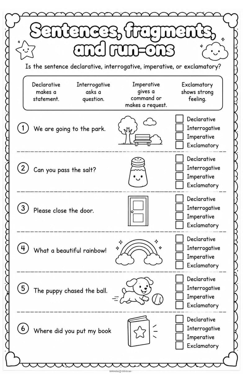 Is the sentence declarative, interrogative, imperative, or exclamatory? — free printable Grammar and mechanics English worksheet