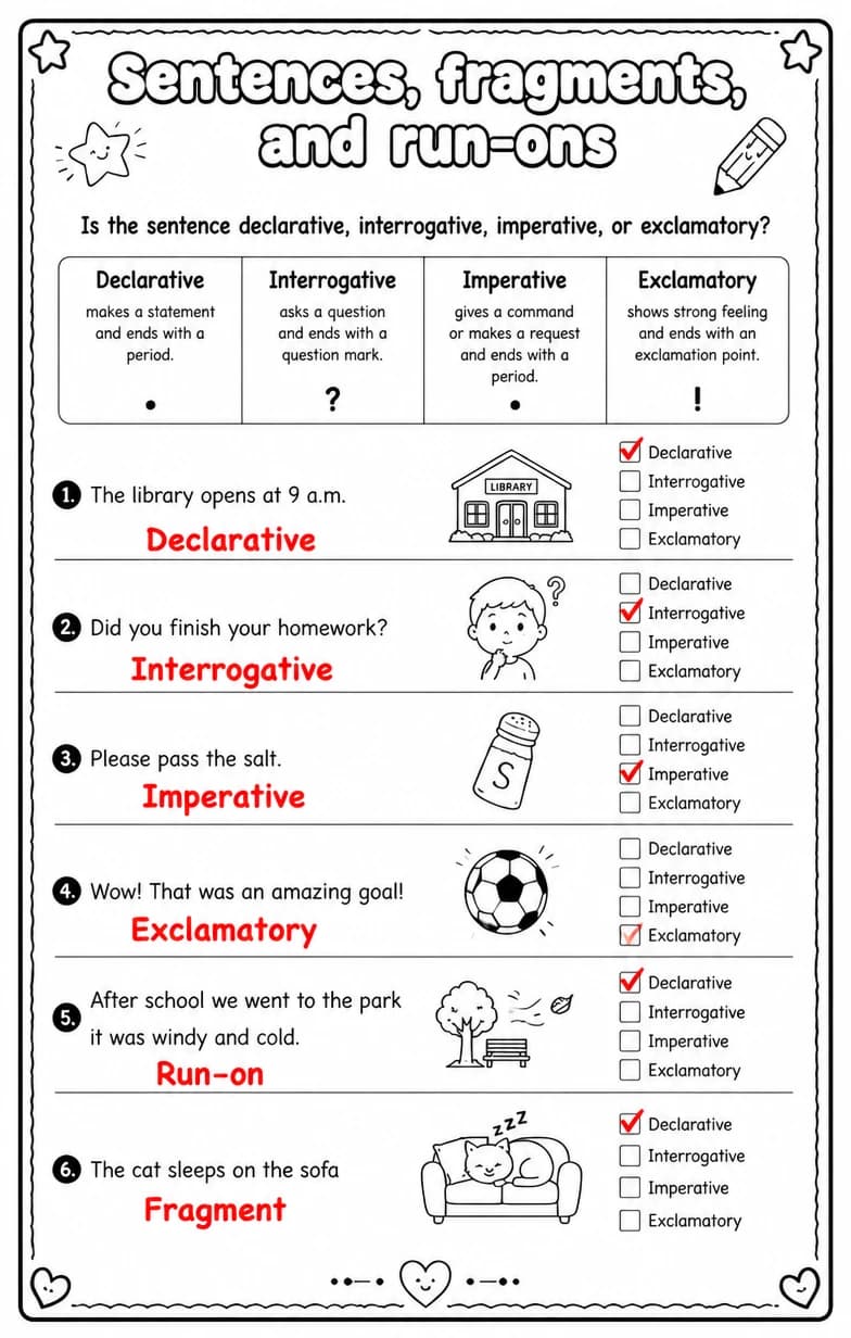 Answer key for Is the sentence declarative, interrogative, imperative, or exclamatory? — free printable English & Reading worksheet