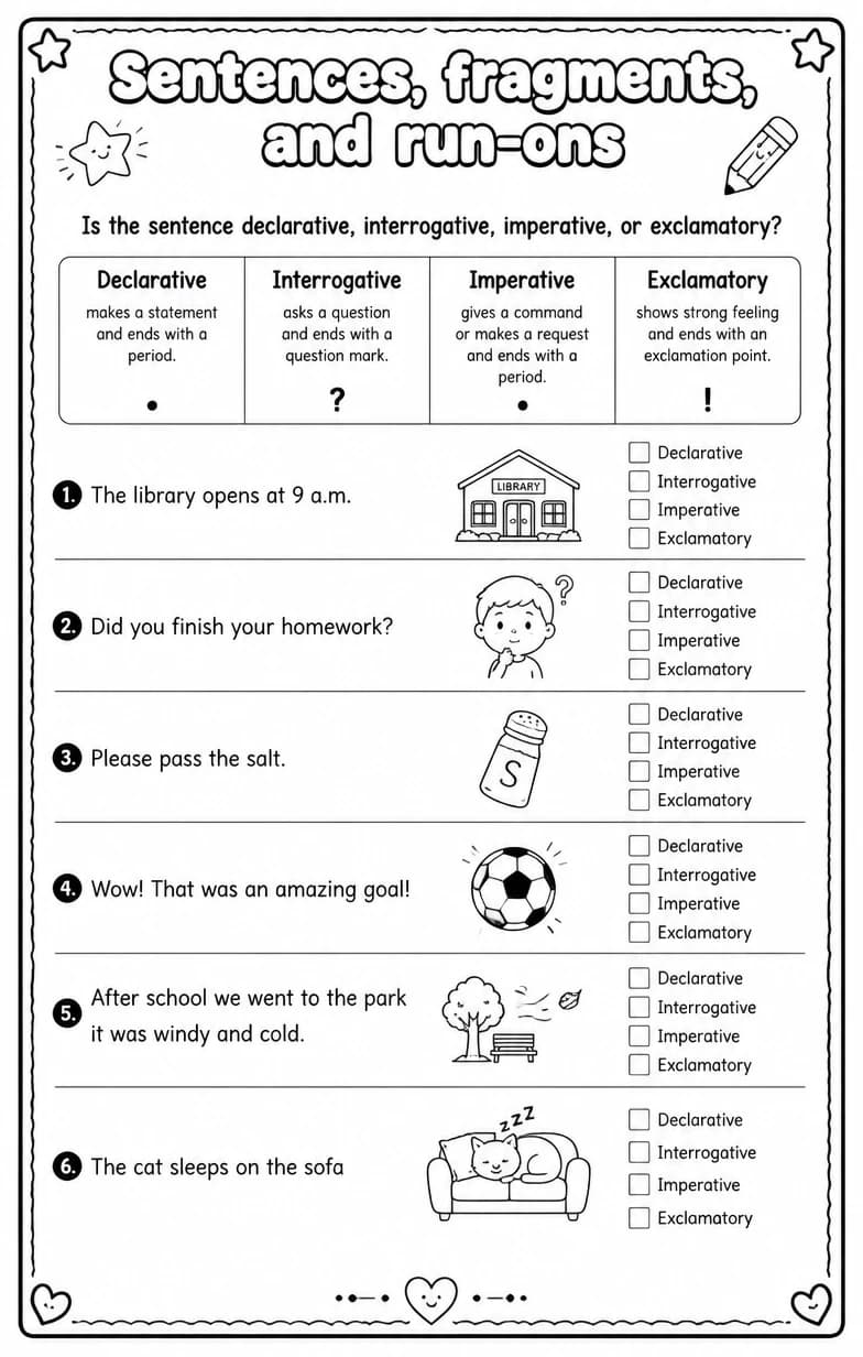 Is the sentence declarative, interrogative, imperative, or exclamatory? — free printable Grade 5 English & Reading worksheet