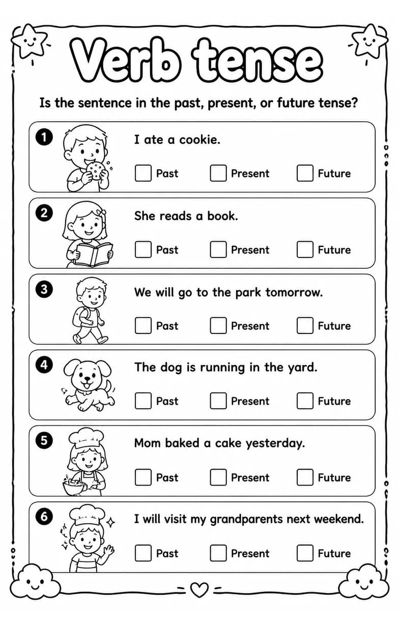 Is the sentence in the past, present, or future tense? — free printable Grade 2 English & Reading worksheet